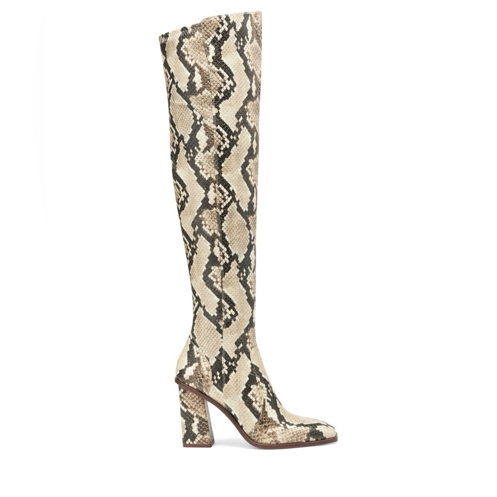Vince Camuto Dreven Beige Snake Over The Knee Thigh High Block Heel Dress Boots